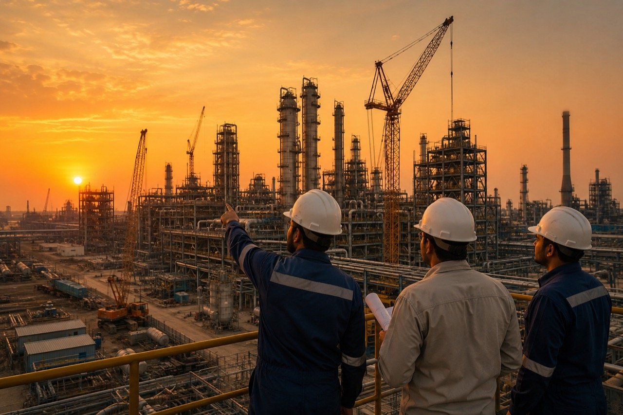 Sprawling Indian oil refinery complex at dusk with towers, pipelines and storage tanks lit against the sky, symbolising the country's energy infrastructure expansion