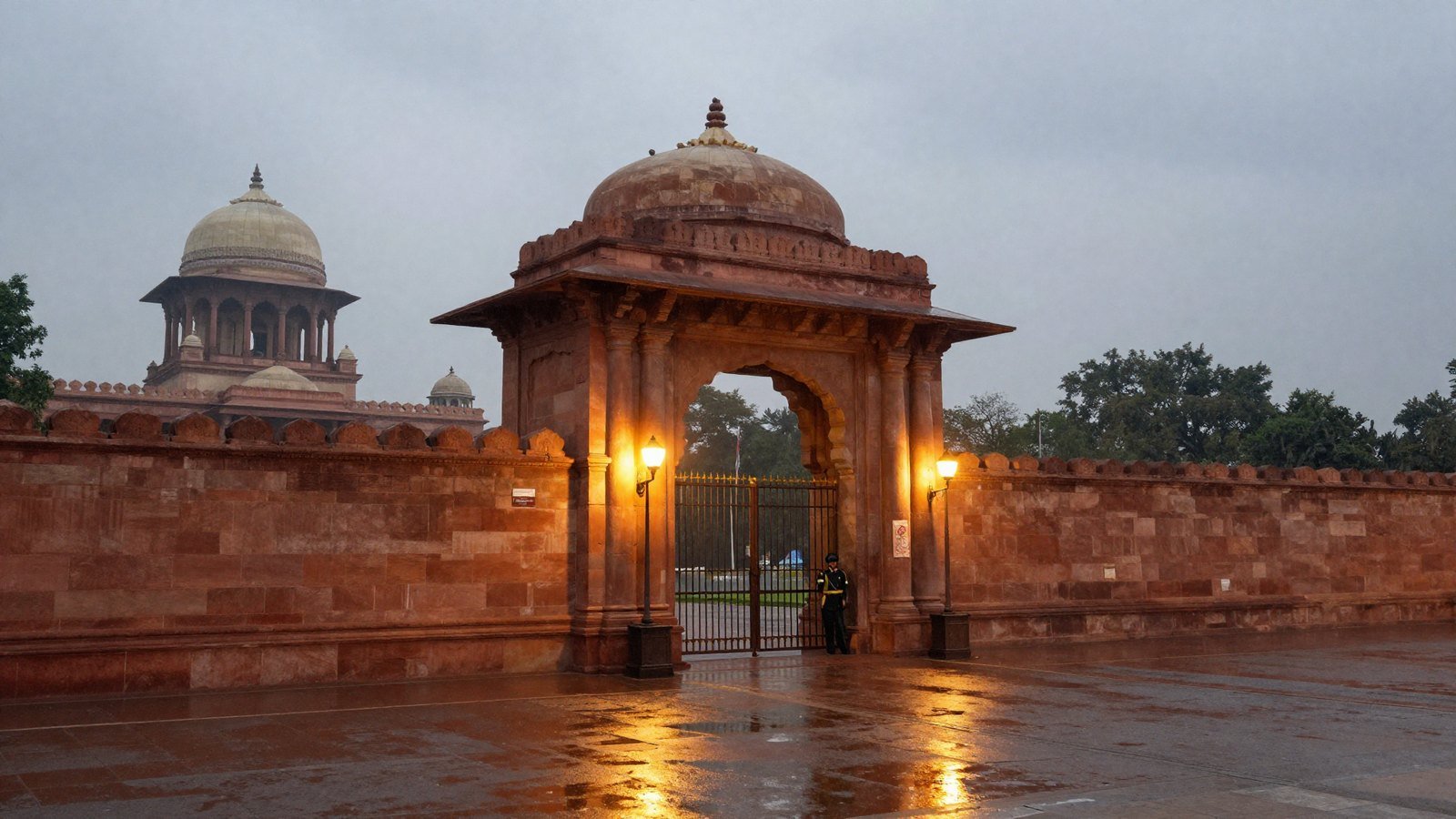 South Block on Raisina Hill in New Delhi at dusk after rain, seat of the Ministry of External Affairs.