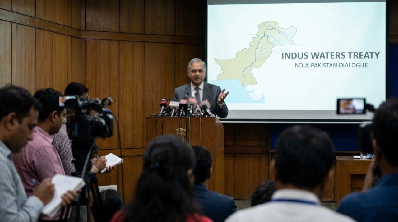 Indian Ministry of External Affairs spokesperson addressing a press briefing on the Indus Waters Treaty and Pakistan's remarks.