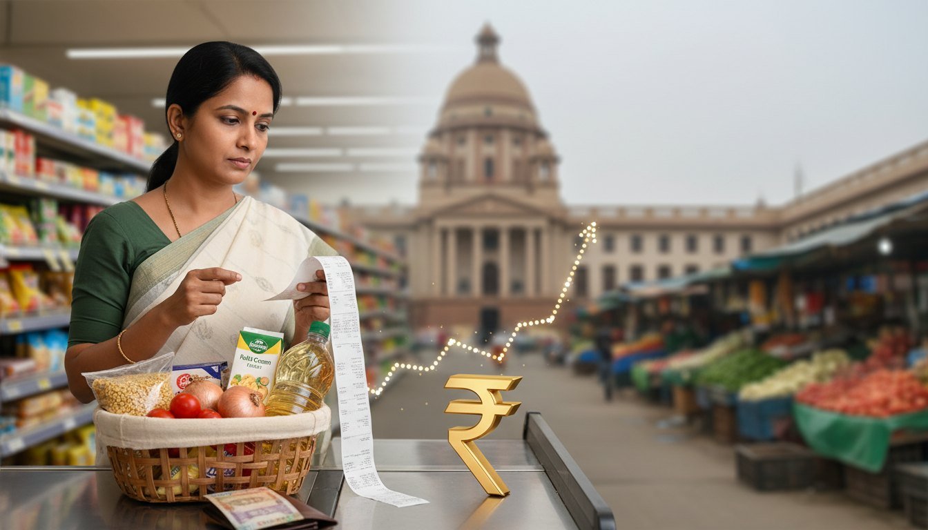 A shopper studies a long grocery receipt beside a rising rupee graph and the RBI building, illustrating retail inflation