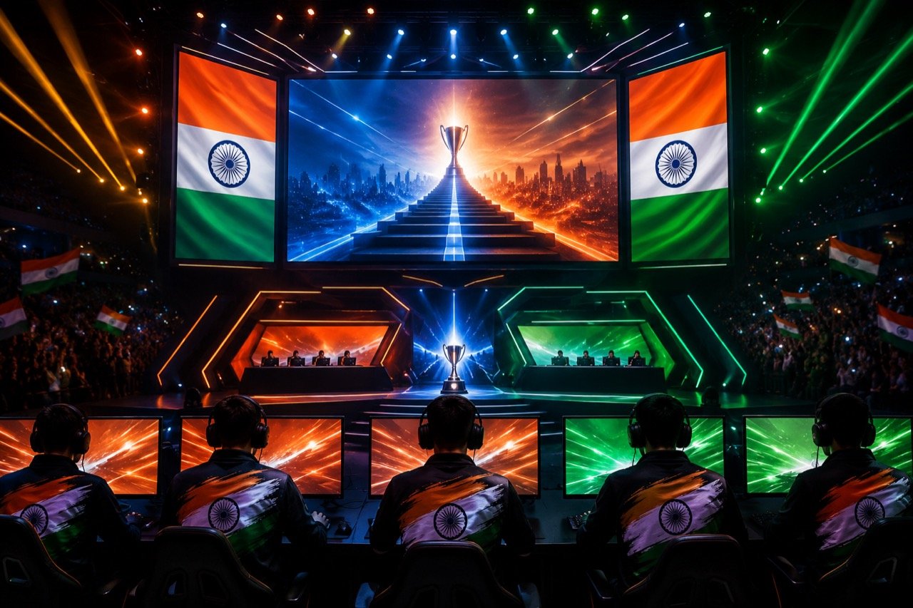 Indian esports players at a tournament stage wearing headsets, faces lit by monitors, with a large arena screen glowing behind them