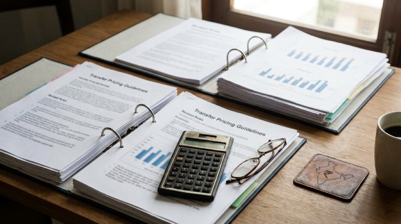 Corporate finance documents and calculator illustrating India's revised safe-harbour transfer-pricing tax rules