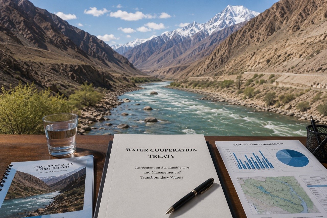 The Indus river winding through a rugged Himalayan valley with a dam and water infrastructure visible in the distance under an overcast sky