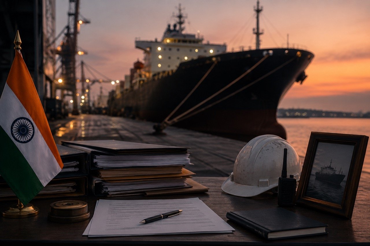 A cargo ship docked at a South American port at dusk, with an Indian flag detail evoking the plight of seafarers working far from home