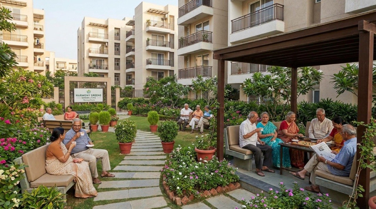Elderly residents relaxing in a landscaped courtyard of a senior living community in India, illustrating the growth of managed retirement housing