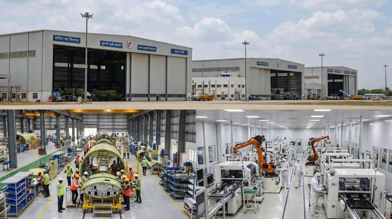 Illustration of an Indian defence manufacturing cluster with aerospace and electronics production lines