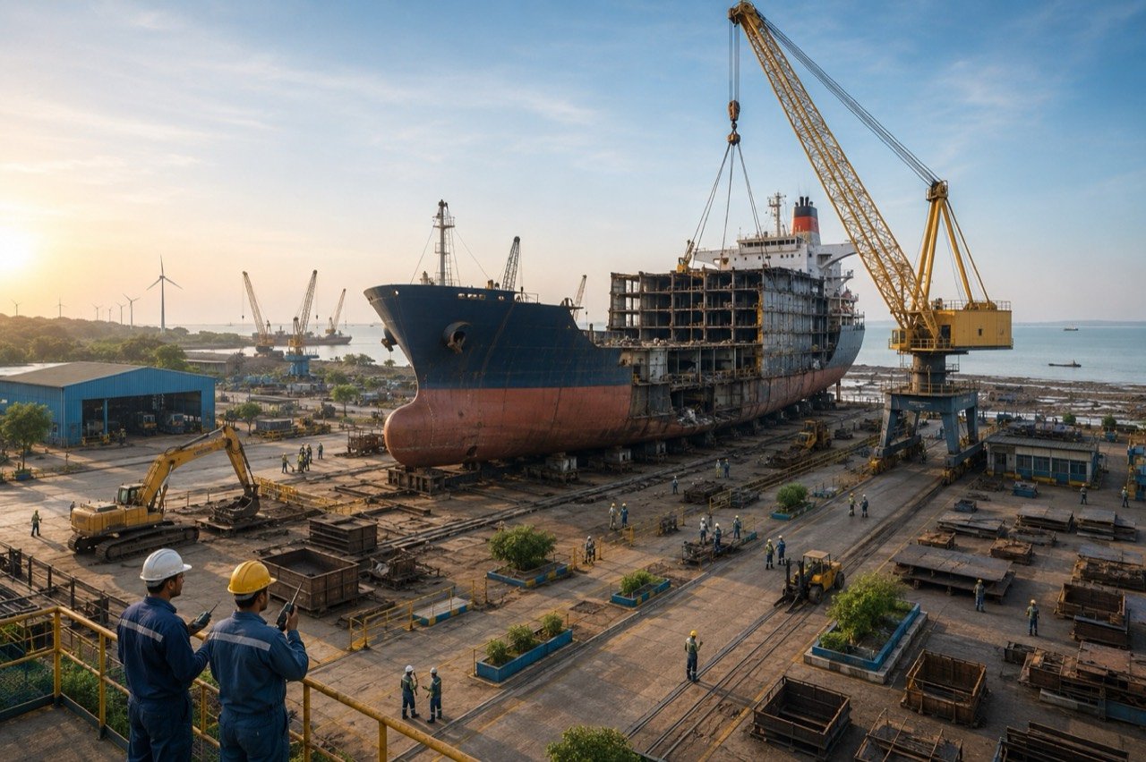 Ships being dismantled at the Alang ship recycling yard in Gujarat, India