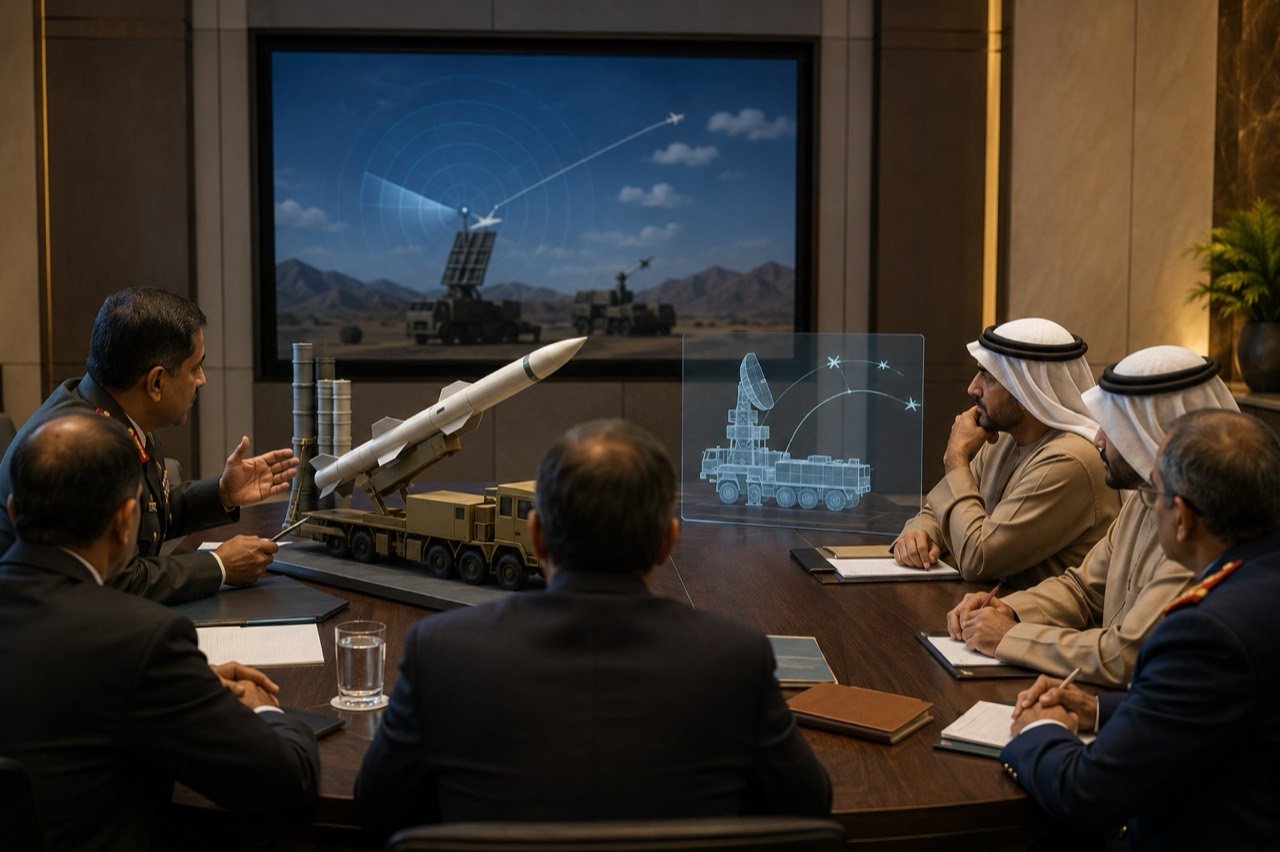 A BrahMos supersonic cruise missile on a mobile launcher, representing India-UAE defence export talks