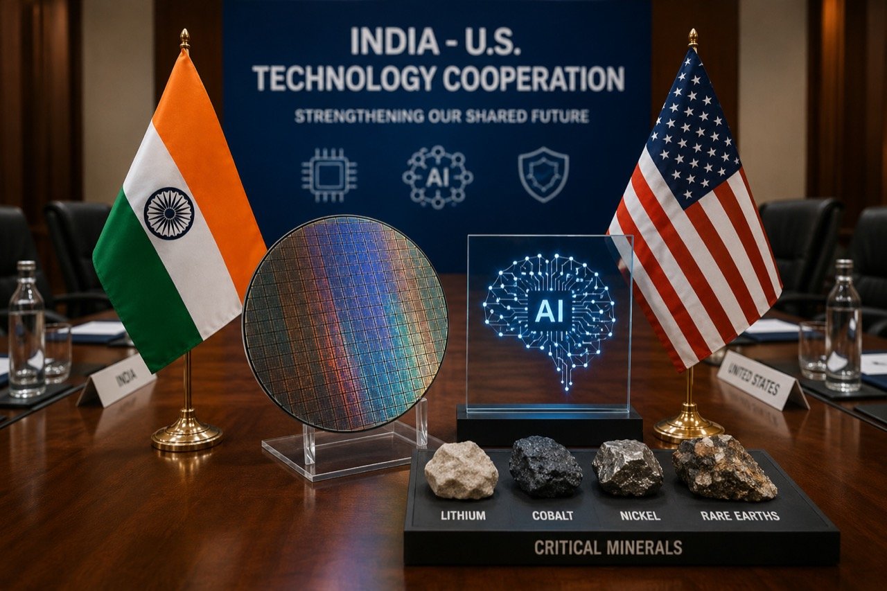 Indian and American flags beside a semiconductor wafer and raw mineral ore samples on a conference table, symbolising tech supply-chain talks