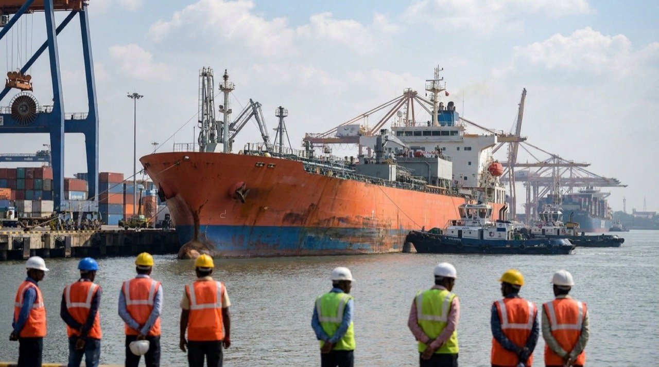 LPG carrier vessel at an Indian port symbolising rising US cooking-gas imports amid Middle East supply disruption