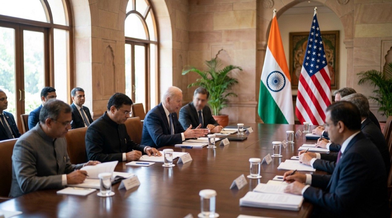 India and US flags ahead of bilateral trade negotiations between Piyush Goyal and Jamieson Greer in New Delhi
