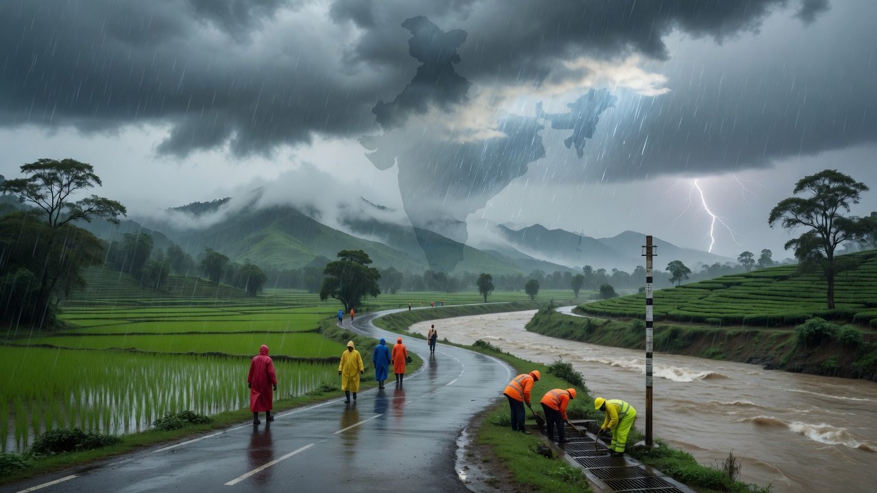 Heavy monsoon rain and lightning over the green hills and swollen rivers of northeast India as villagers shelter