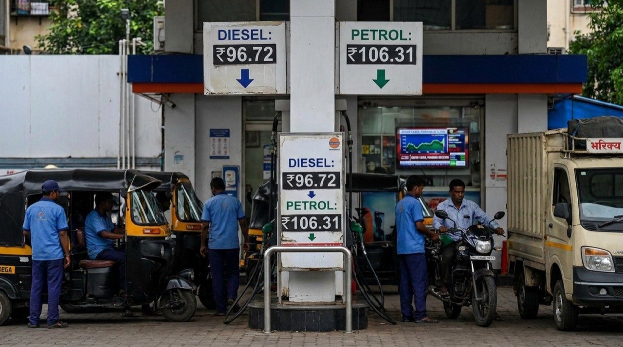 A state-run petrol pump in India displaying fuel prices as oil marketing companies' diesel and petrol margins recover after crude prices ease.