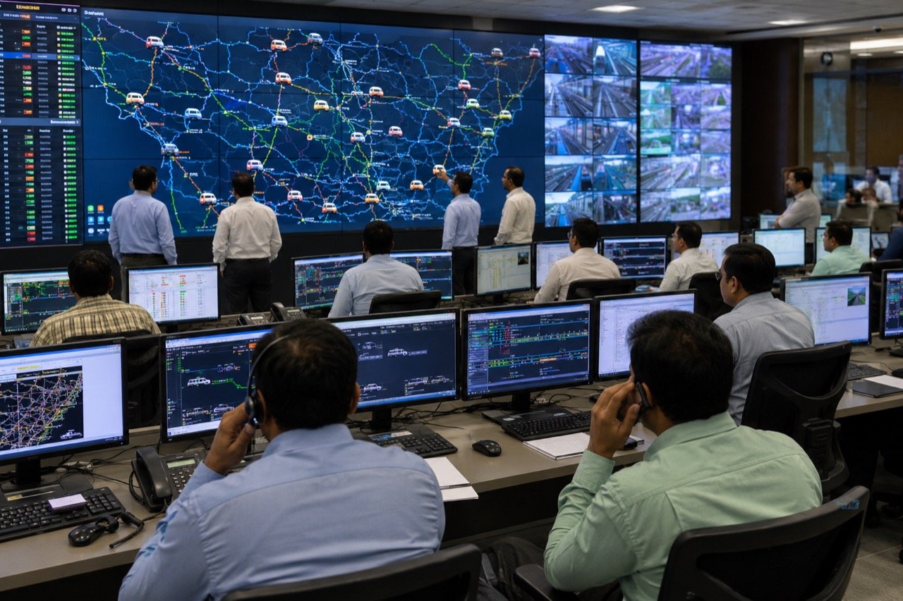 A crowded Indian railway platform with an express train arriving, overlaid by a glowing digital dashboard showing live train timings and delay alerts