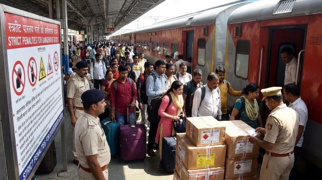 Crowded Indian Railways platform with passengers boarding a long-distance train, illustrating new penalty rules for dangerous goods