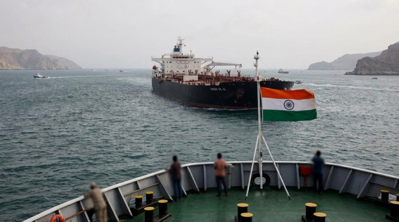 Crude oil tanker carrying the Indian flag passing through the narrow Strait of Hormuz in the Persian Gulf