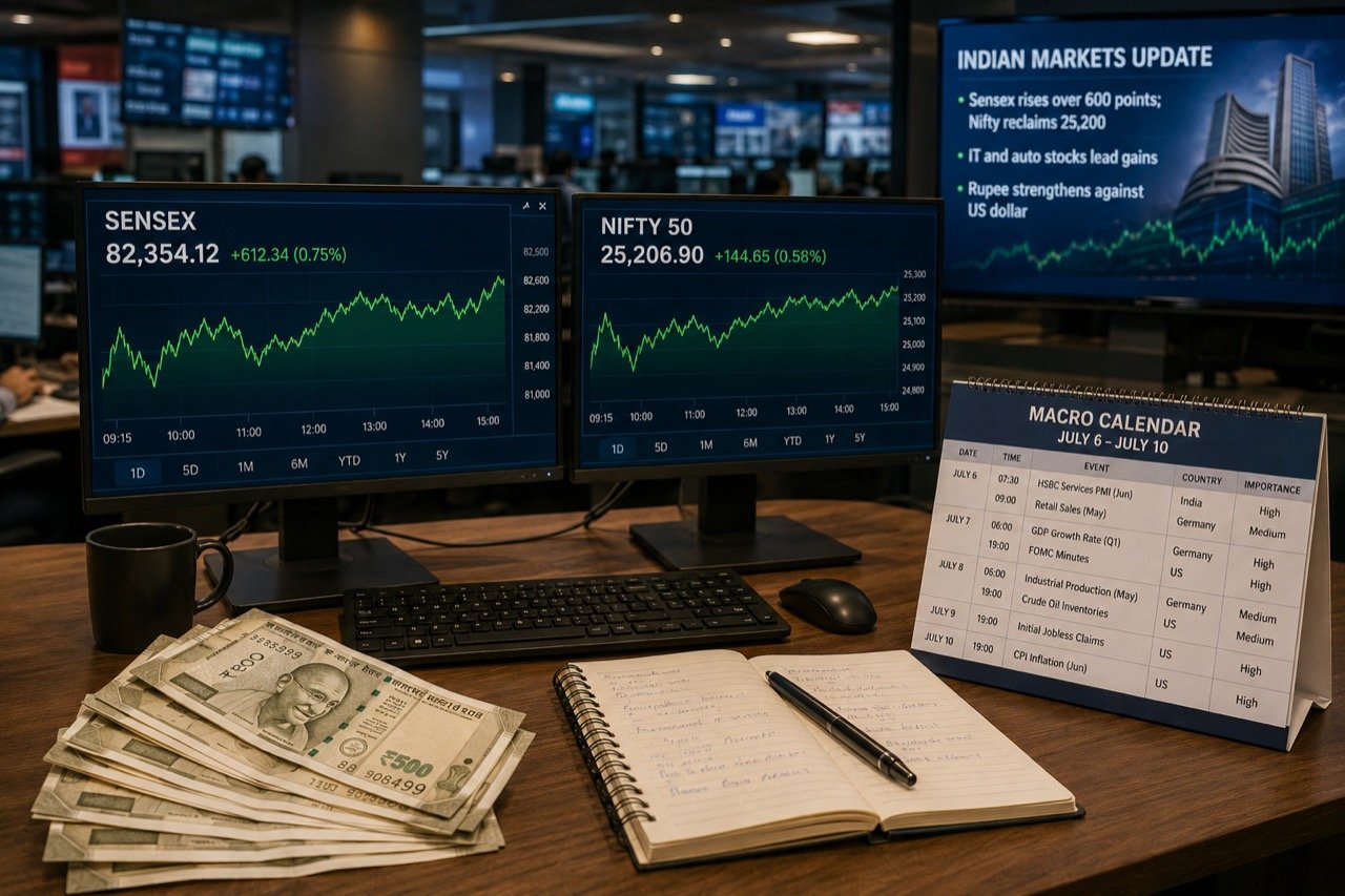 Stock market trading screen showing rising Sensex and Nifty index charts with a trader monitoring prices