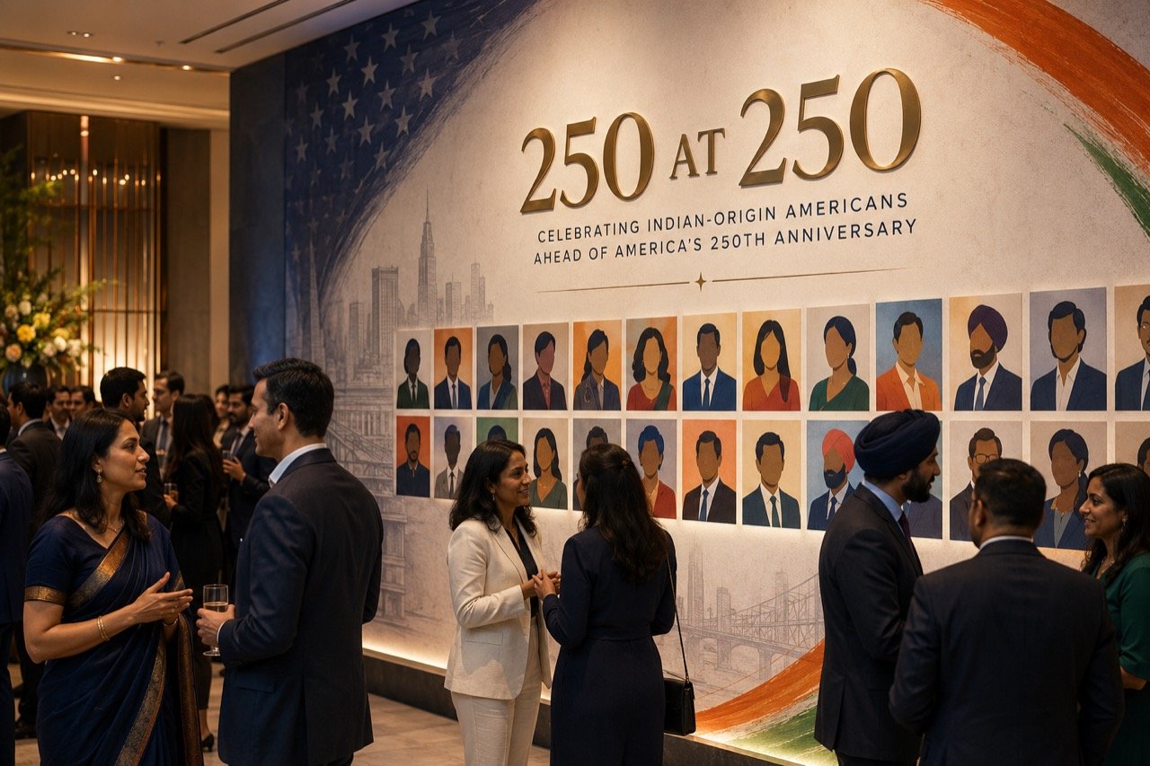 A collage-style illustration of diverse Indian-origin American professionals against a backdrop blending the US flag and Indian motifs