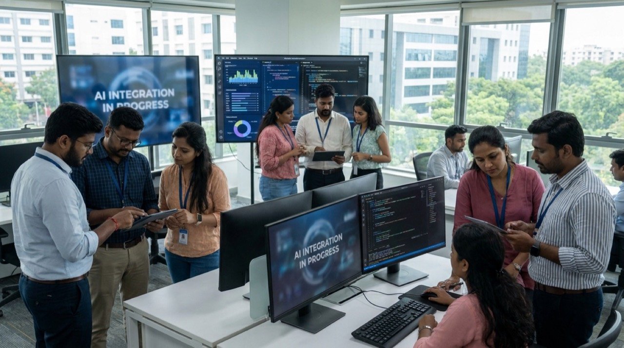 Infosys IT professionals collaborating with AI tools on screens in a modern software services office
