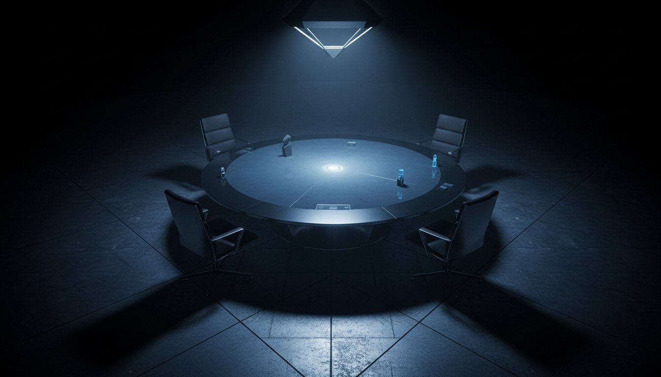 A dark round strategy table in a bunker-like room under a single light, evoking the mind-games show Alliance