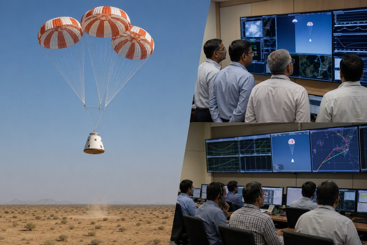 A Gaganyaan crew module descending under large orange-and-white parachutes against a clear blue sky during an ISRO test