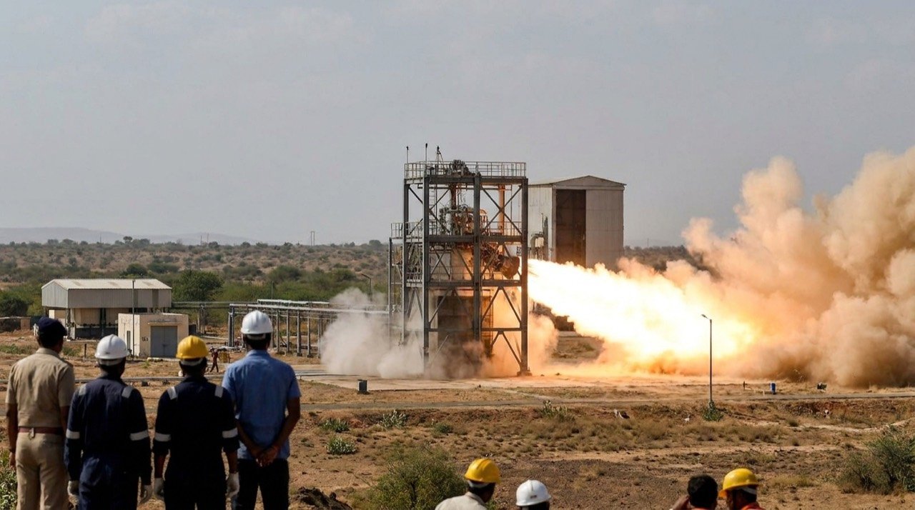 A rocket engine test stand emitting a bright plume during a ground firing at a propulsion complex.