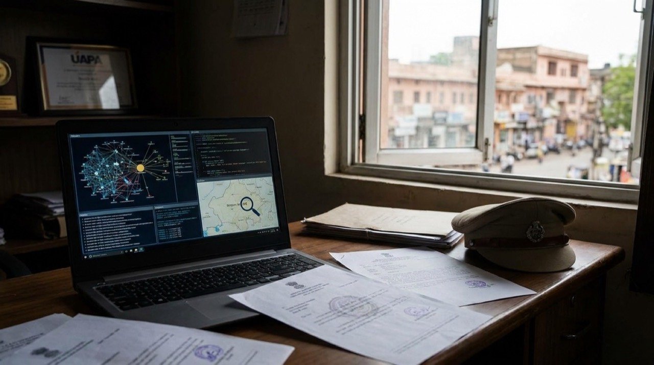 Symbolic image of online surveillance and digital investigation linked to a UAPA arrest in Jaipur, Rajasthan