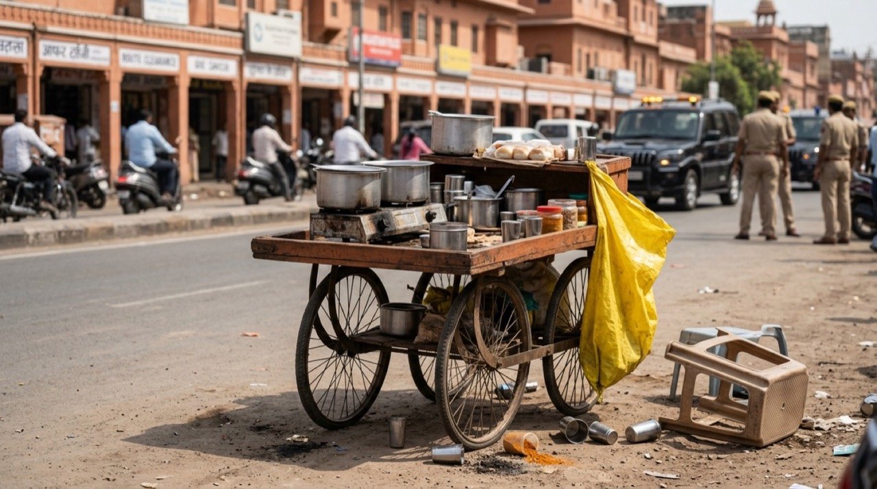 A street vendor's cart on a Jaipur roadside, illustrating a report on burns suffered during a VIP convoy route clearance