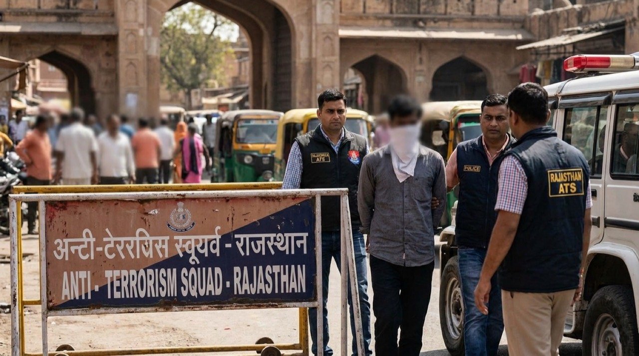 Rajasthan Anti-Terrorism Squad signage, illustrating a UAPA arrest in Jaipur over alleged online terror links