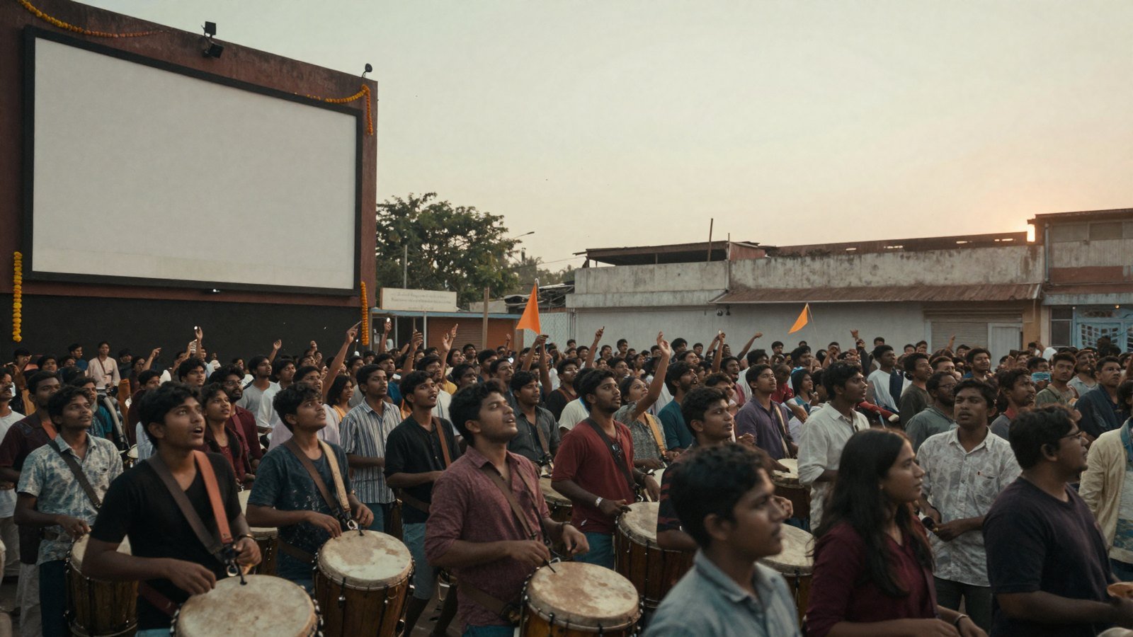 Fans celebrate with drums and marigold garlands outside a Chennai cinema at dawn on the opening weekend of a film.