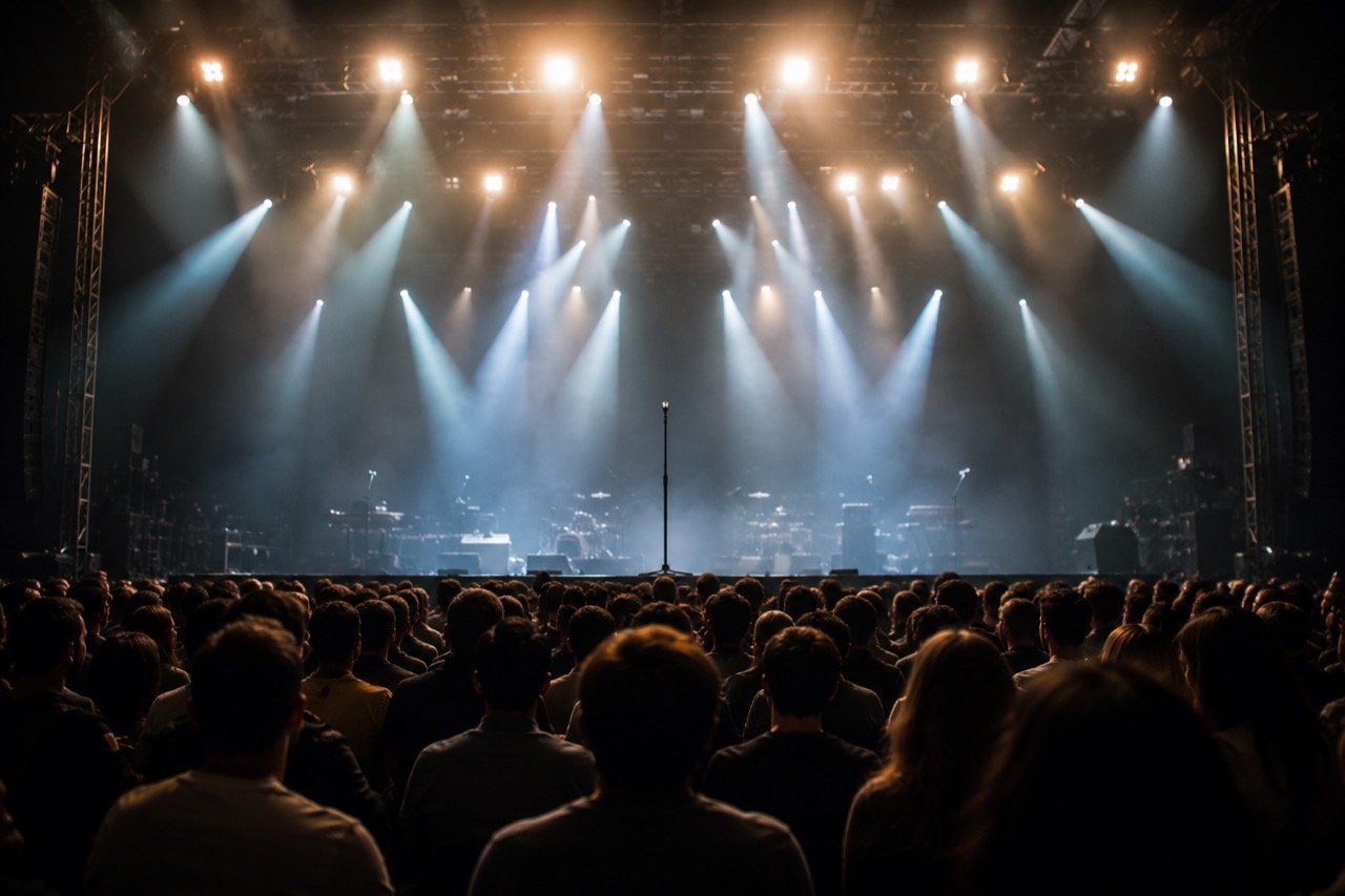 A packed concert crowd in Hyderabad holding up phone lights before a brightly lit stage, with some fans looking impatient as they wait for the show to begin