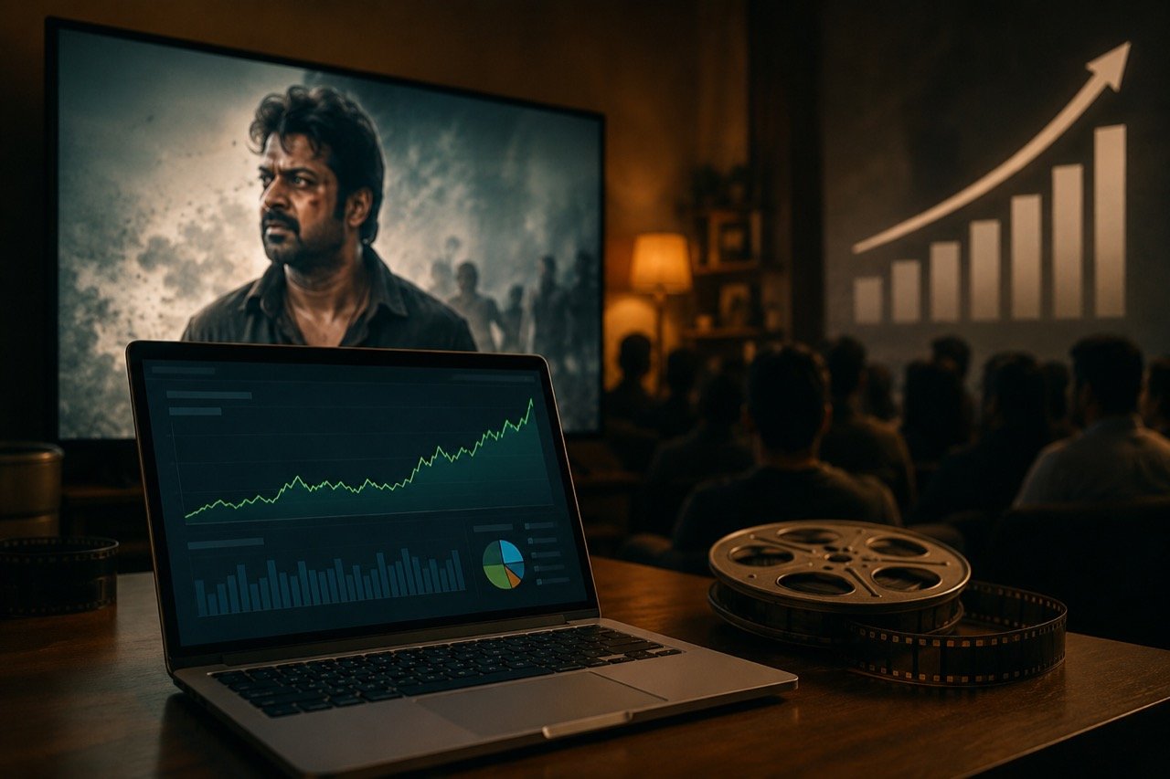 A dramatic film still glowing on a smartphone and laptop screen at night, symbolising a Telugu movie finding a massive second audience online
