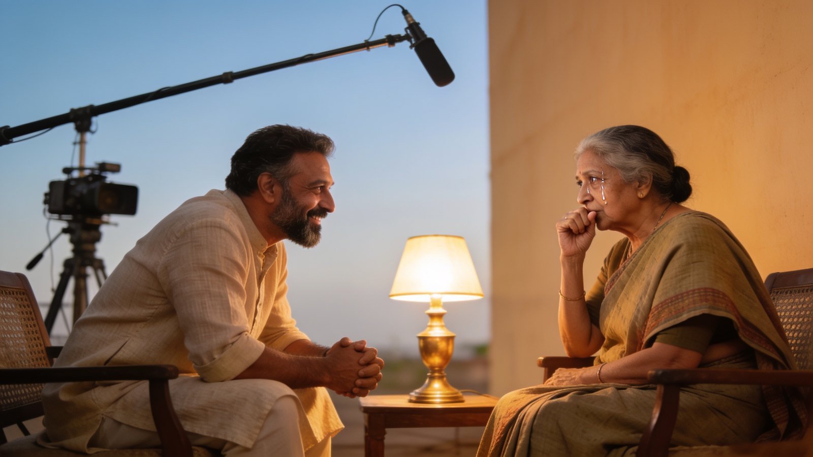 A bearded host leans forward listening as an emotional older woman speaks on a warm, lamp-lit talk-show set.