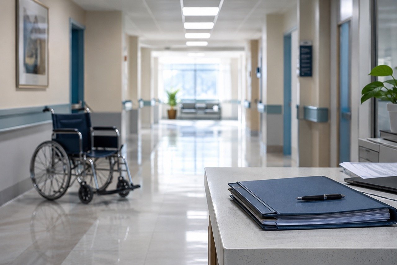 A dimly lit hospital corridor in Jharkhand with an empty stretcher and grieving relatives waiting outside a treatment ward, evoking questions of patient safety.