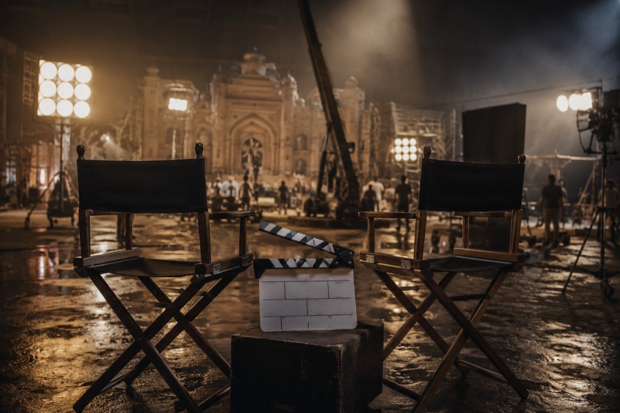 A film clapperboard and director's chair on a Telugu movie set, bathed in warm studio lights suggesting an eagerly awaited star-director reunion