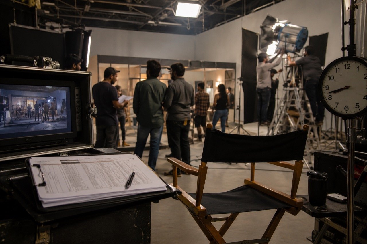 A film set clapperboard beside a clock reading eight hours, with studio lights and crew silhouettes in the background, symbolising the work-hours debate in Indian cinema