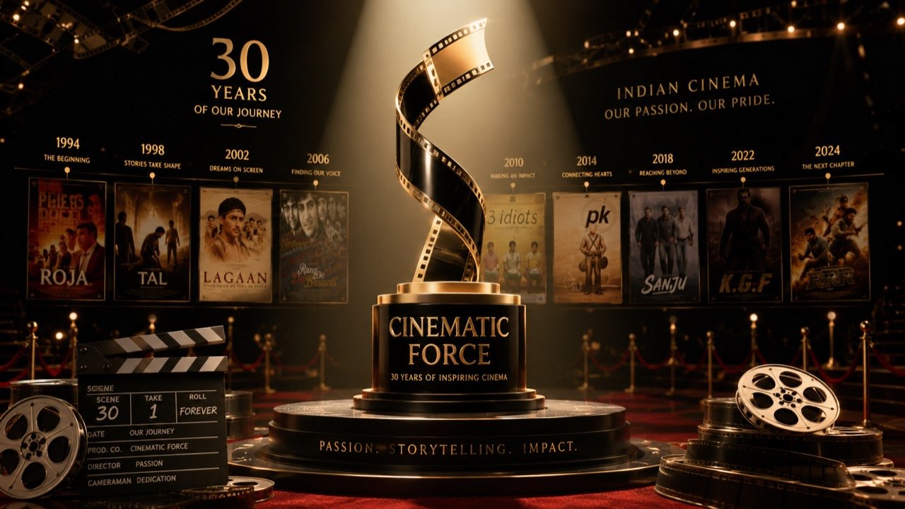 An elegant Bollywood awards stage bathed in golden light with a trophy in the foreground and a cinema montage glowing on screens behind
