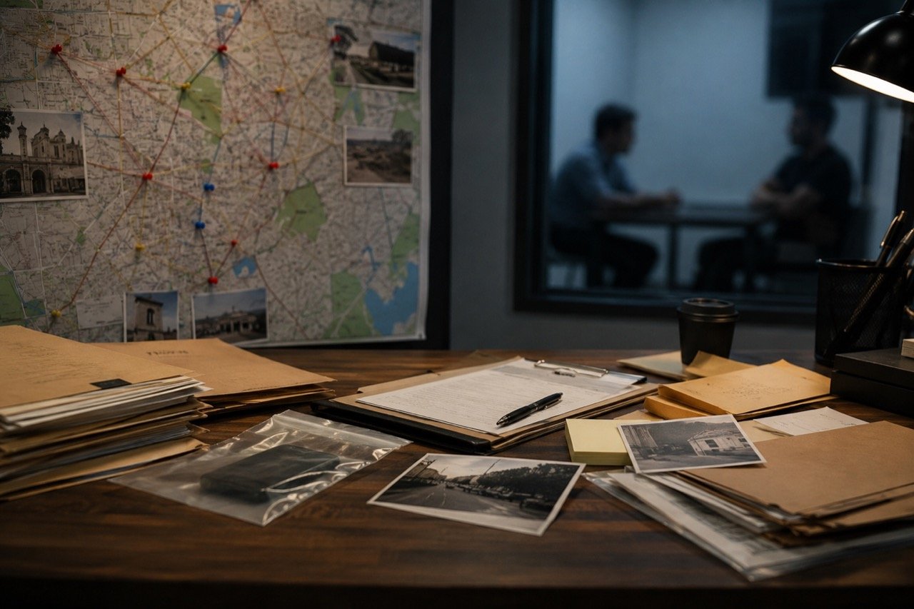 Investigators examining case files under lamplight at a police station desk, with a polygraph machine and evidence folders in the frame