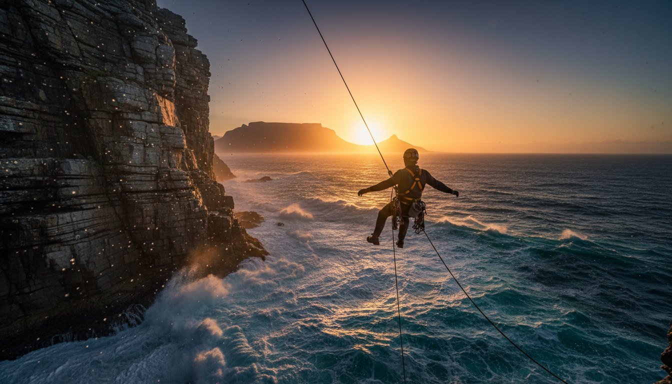 A contestant abseils down a sunlit sea cliff near Cape Town's Table Mountain, evoking Khatron Ke Khiladi's stunt setting