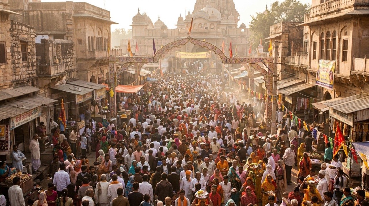 Crowds of pilgrims at Khatu Shyamji temple town in Rajasthan during a religious fair, illustrating heavy visitor footfall