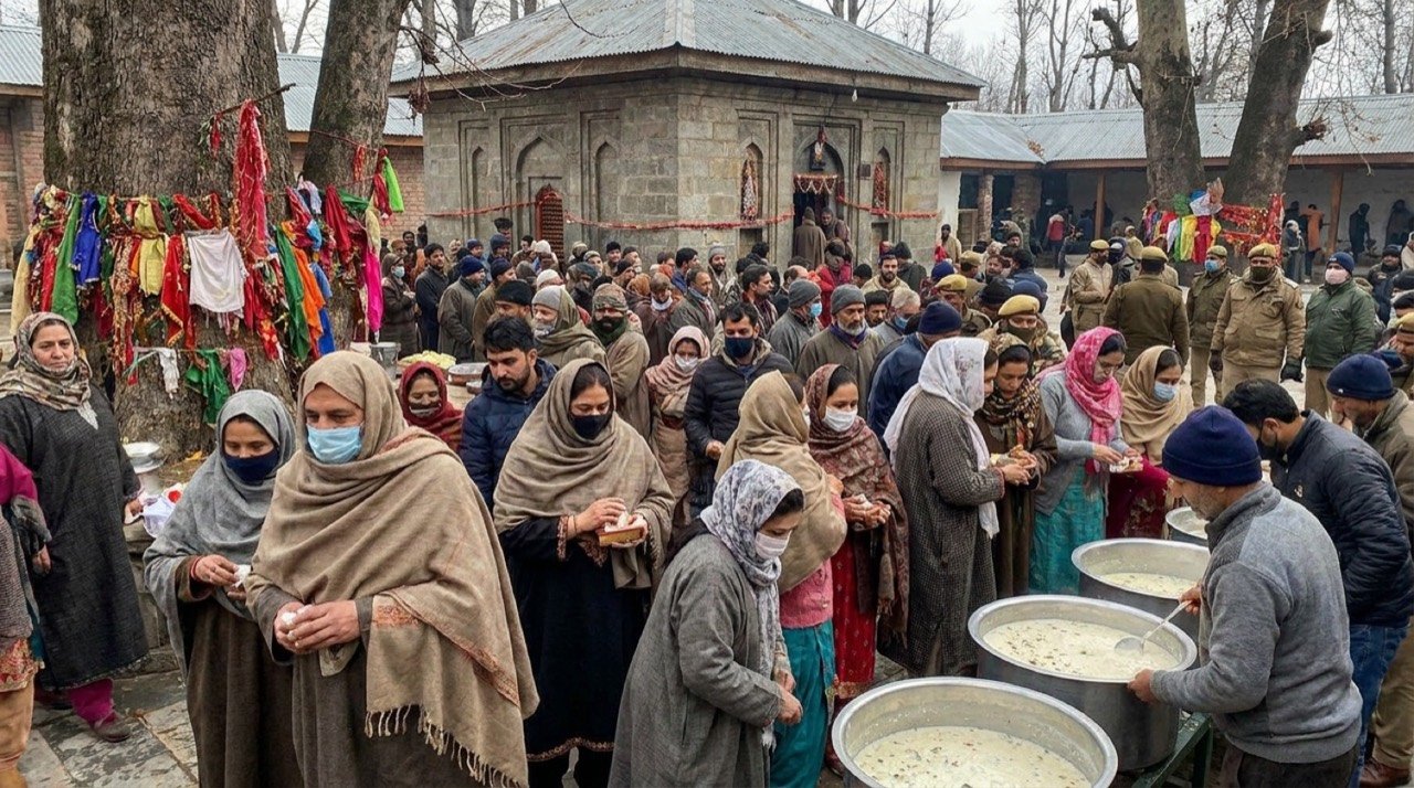 Kashmiri Pandit devotees gathered at the Kheer Bhawani temple at Tulmulla in Ganderbal for the annual mela