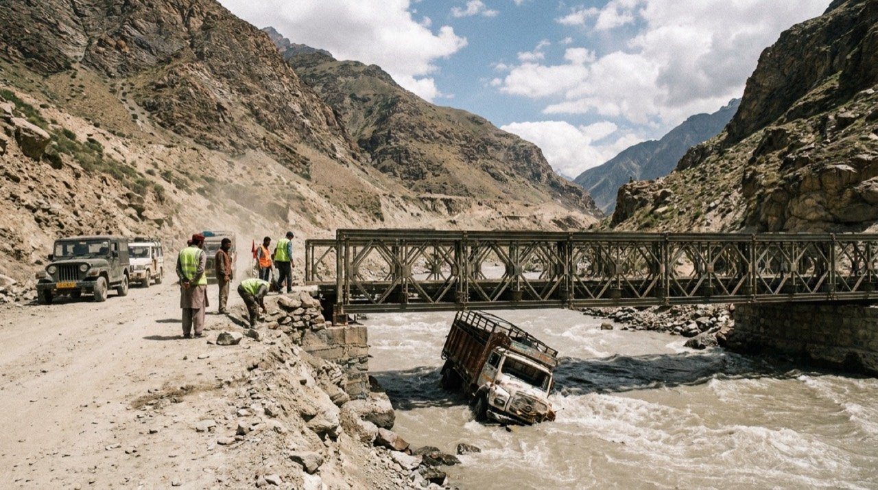 Temporary Bailey bridge over a Himalayan river in Kinnaur, Himachal Pradesh, after a truck fell into the water
