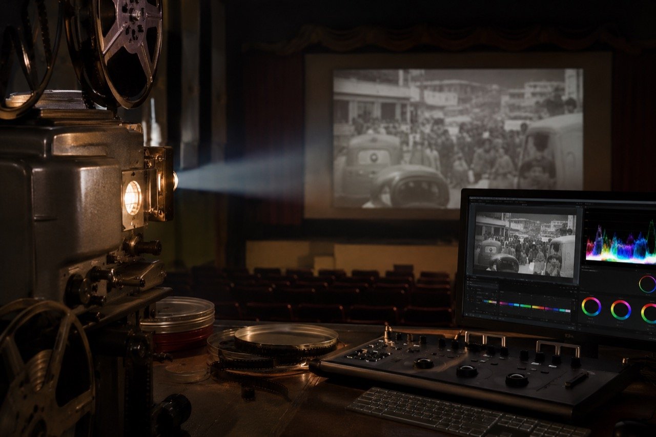 A vintage film reel and projector casting light onto a cinema screen, symbolising a restored Malayalam classic returning to theatres