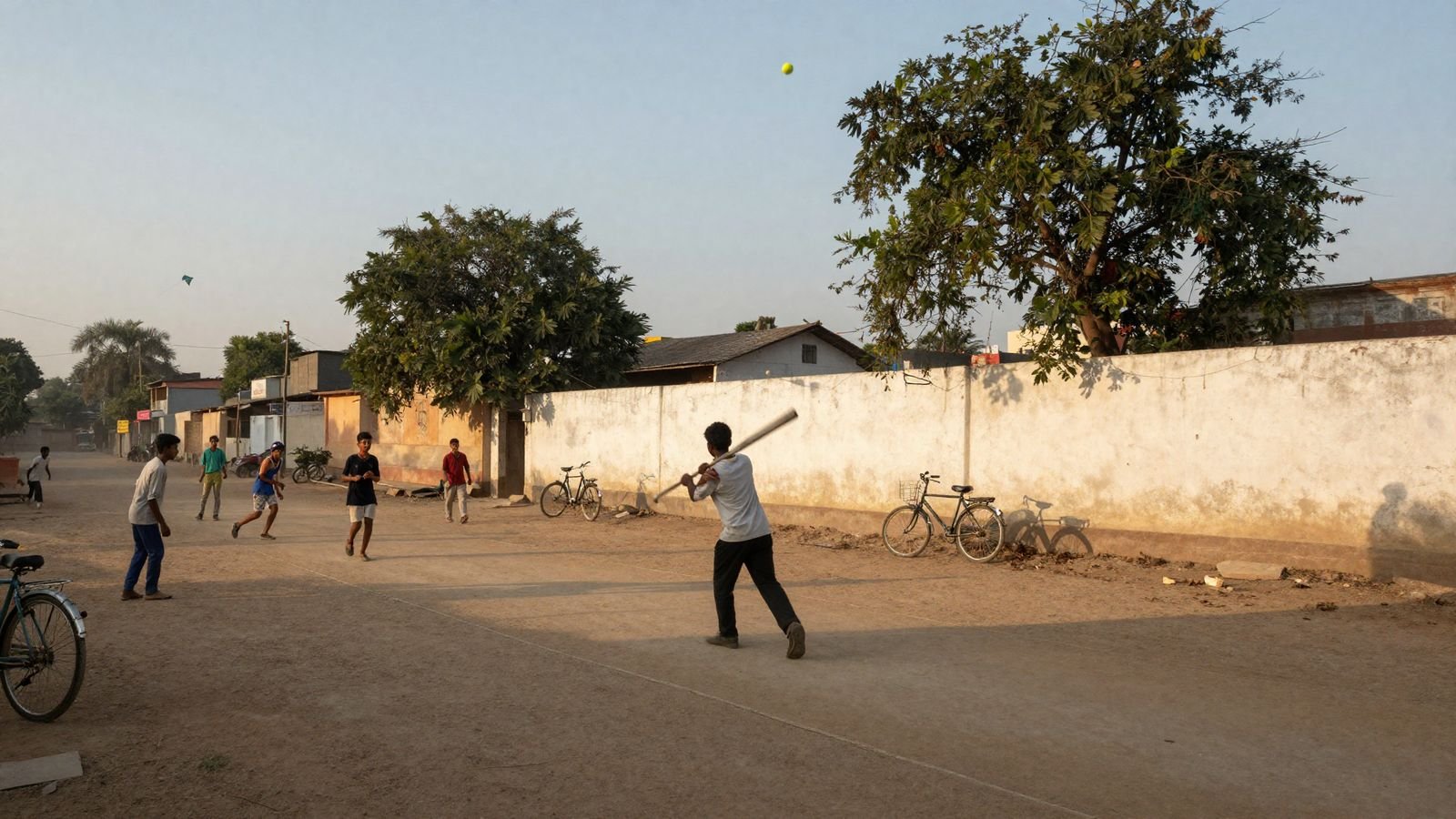 Young cricketers play an evening gully match in an Indian lane, the batter swinging through a pull shot in golden light.