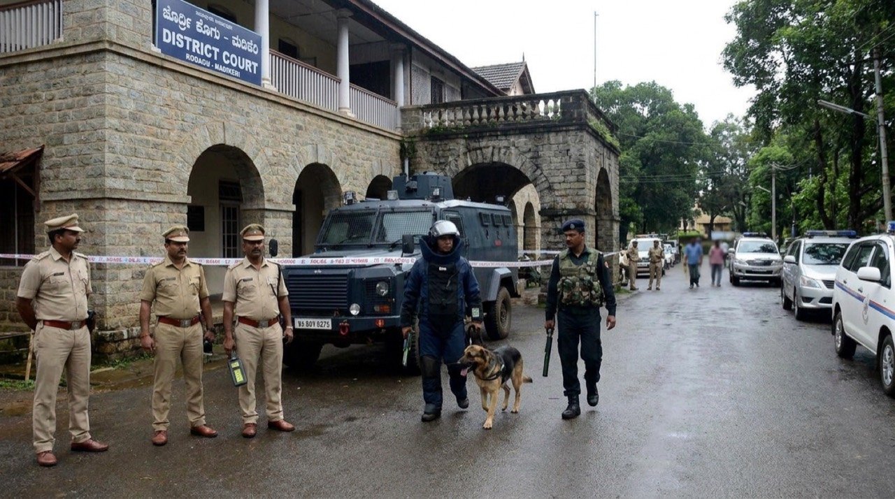 Security personnel responding outside Kodagu District Court in Madikeri after a hoax bomb threat email