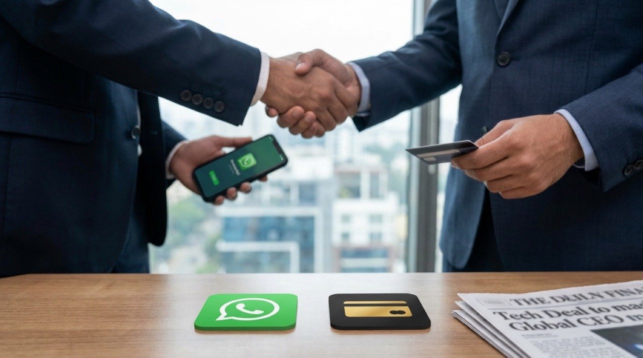 WhatsApp and CRED branding illustrating Kunal Shah's appointment as WhatsApp global CEO in the Meta-led deal