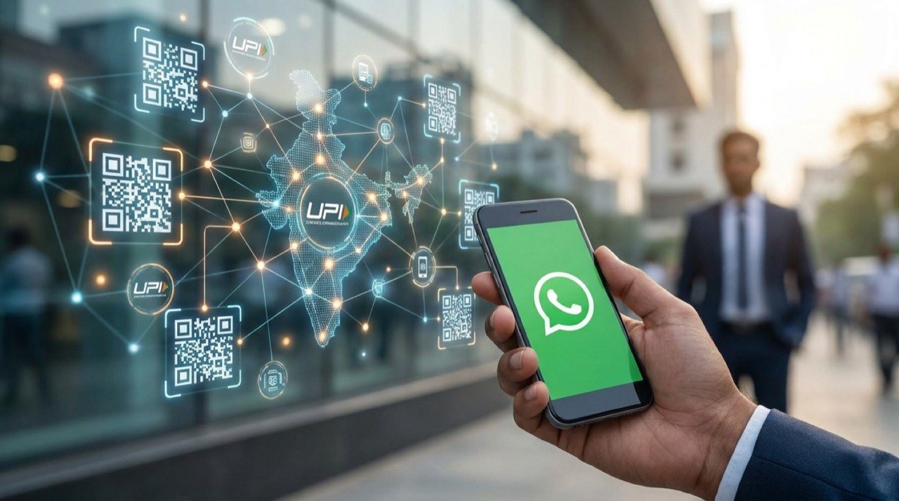 Smartphone displaying the WhatsApp logo against a backdrop of India's digital payments ecosystem, symbolising Kunal Shah's new global role.
