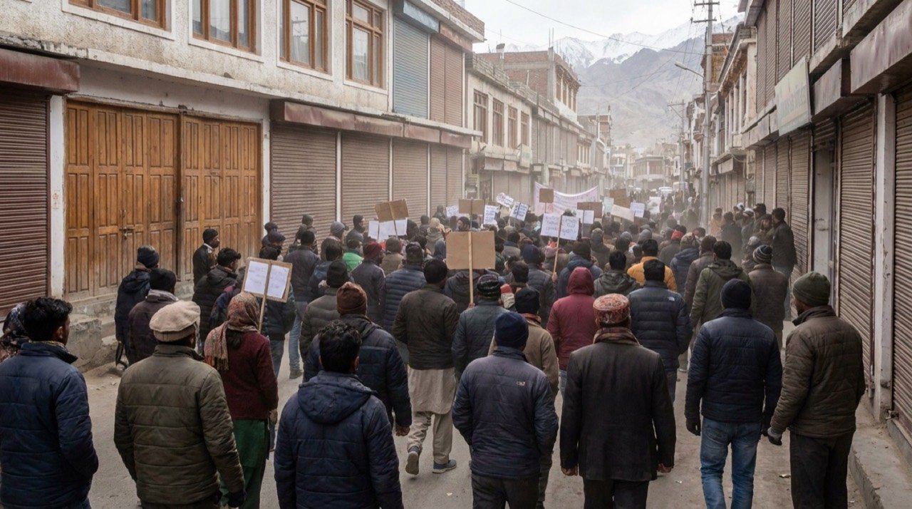 Shuttered markets and protesters in Leh during the Ladakh shutdown over statehood and Sixth Schedule demands