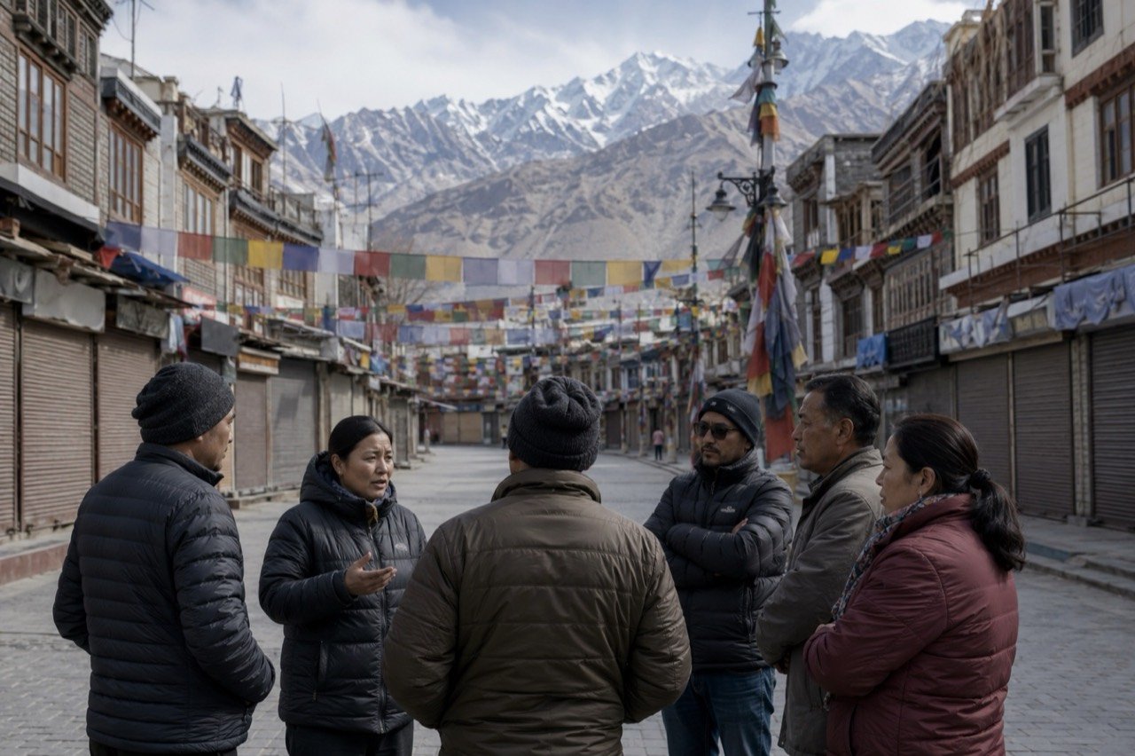 Shuttered shops and quiet streets in Leh during a complete shutdown called by Ladakh civil society groups over talks with the Centre