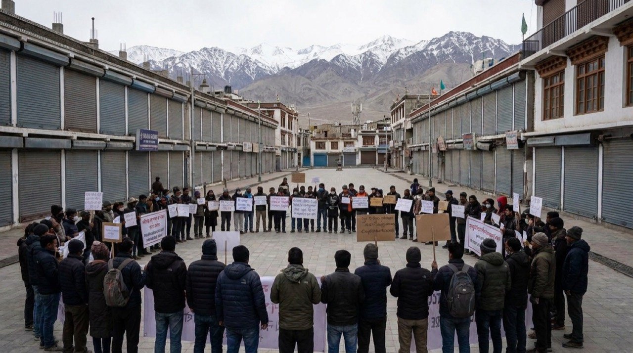 Shuttered shops and a public rally in Leh during the Ladakh shutdown demanding dialogue with the Centre over statehood and safeguards.